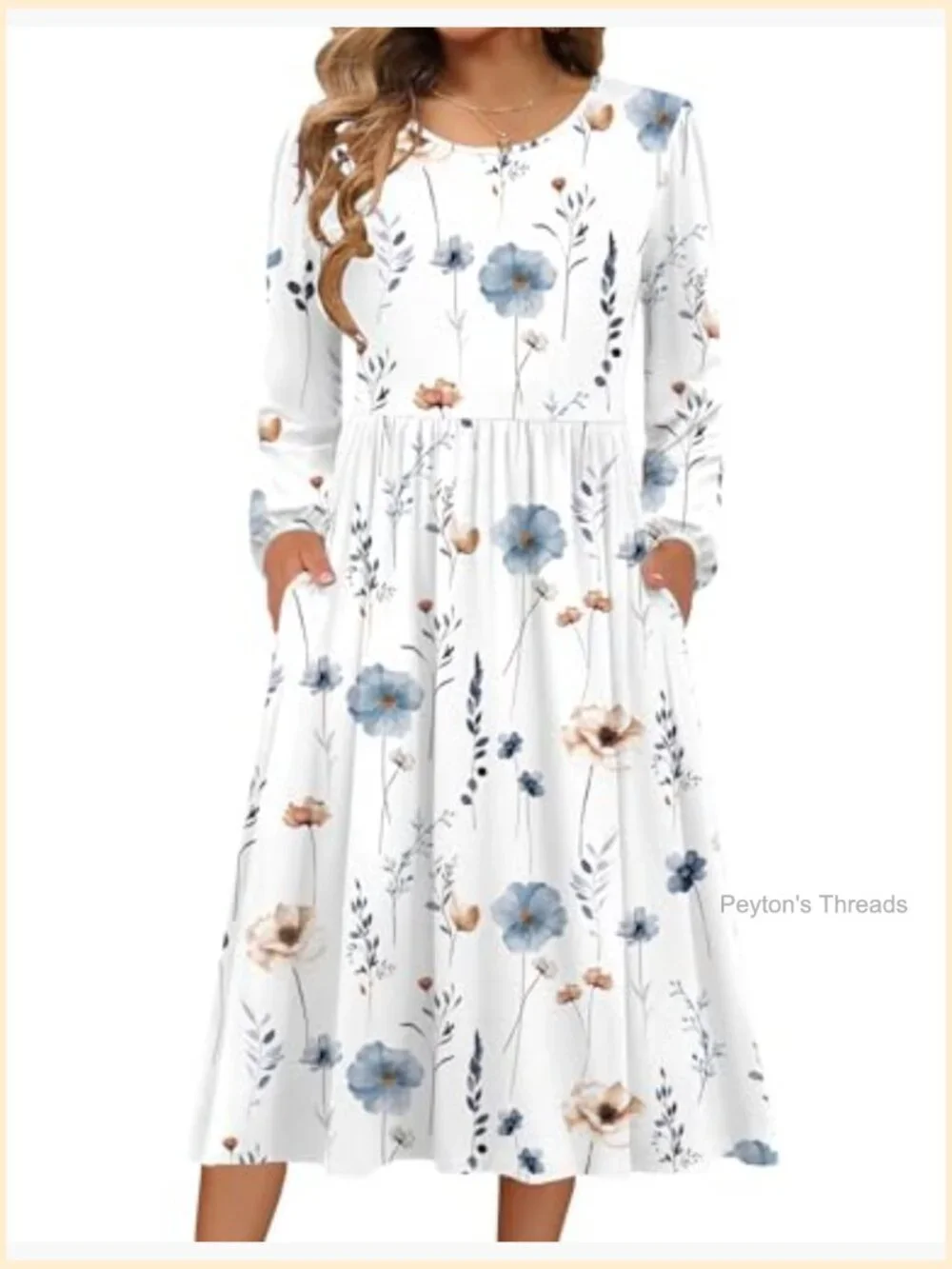 Long Sleeve Flowy A-Line Midi Dress with Pockets - Picture 6 of 7